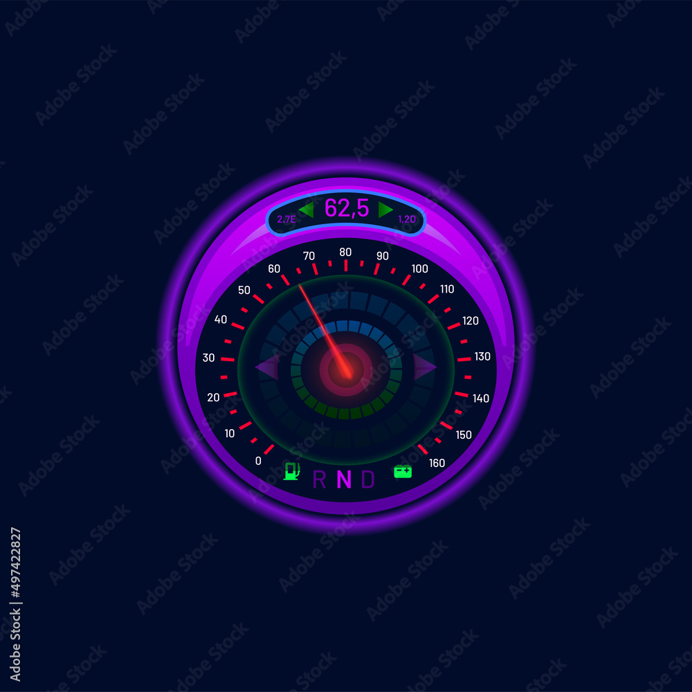 Poster Futuristic car speedometer or gauge dial, neon LED speed meter, vector dashboard. Car speedometer and digital, auto technology interface, speed counter or tachometer indicators panel on glow display