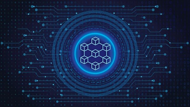 Blockchain Technology Concept Icon Animated 4k Text Shown on Tech Electronic, Digital Background of Blue and Digital Numbers and Data Moving