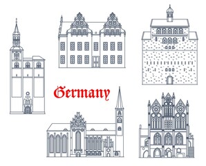 Germany buildings of Tangermunde, Stendal and Havelberg, vector architecture landmarks. German St Stephan kirche and Rathaus or town hall, Sankt Nicolas and Saint Mary Church or Marienkirche