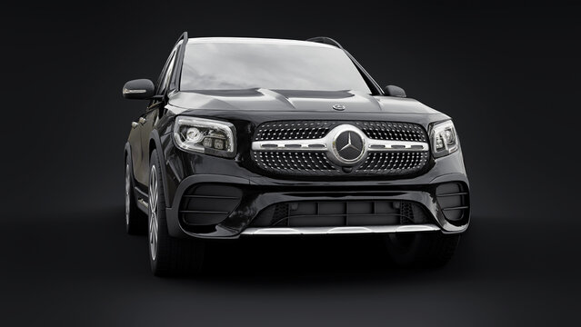 Paris, France. July 7, 2021: Mercedes-Benz GLB 2020 black compact luxury suv car isolated on black background. 3d rendering.
