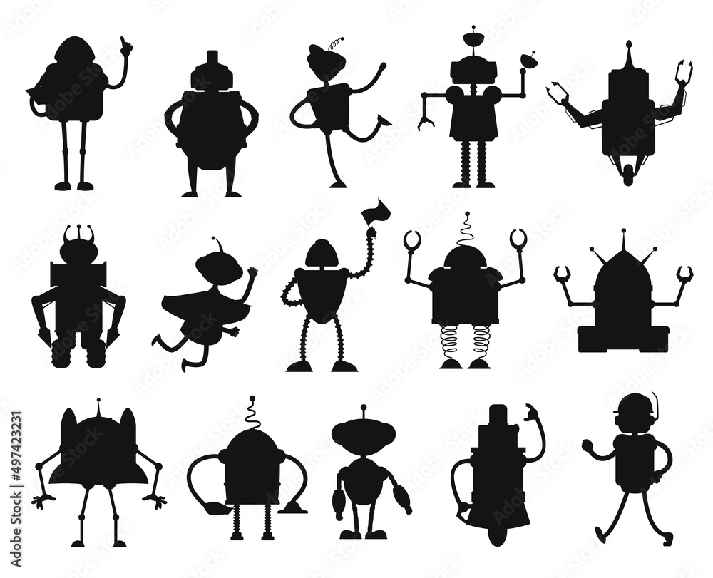 Poster robots and droids silhouettes of artificial intelligence toys. isolated vector black robots, bots, d