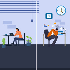flat illustration 2 people working in office full of stress and thoughts and free and happy