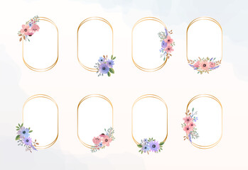 Golden round ellipse arch with watercolor floral bouquet element. Set of watercolor flower frame.