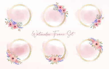 Set of Watercolor pink blossom floral wreath with gold circle background. Circle golden frame