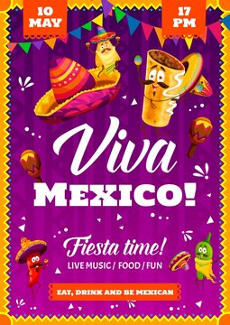 Naklejki Mexican fiesta party flyer or poster with cartoon mexican jalapeno and chili peppers, chimichanga funny characters. Holiday celebration party with mexican traditional fast food, music and sombrero hat