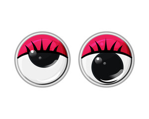 Fototapeta premium Toy plastic eyes with eyelashes and red eyelids on a white isolated background. Vector cartoon illustration . 