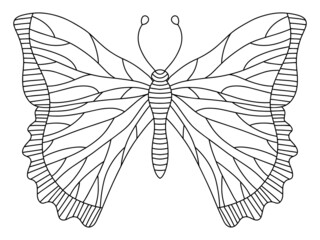Fantasy hand-drawn butterfly colouring page for adults vector illustration. Funny insect with big wings black outline isolated on white. Natural print with linear butterfly illustration vector