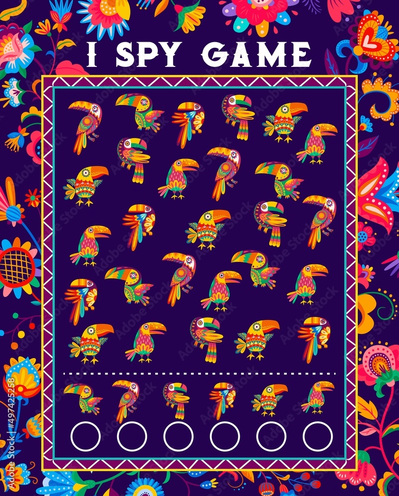 Poster i spy kids math game worksheet with counting mexican toucan birds. child logical quiz, children math