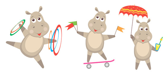 Funny animals. Hippopotamus, color image in cartoon style, sticker, design.