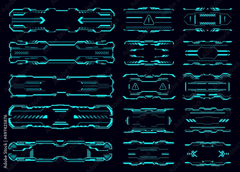 Aufkleber HUD interface neon frames and borders, signs and info boxes, vector callout titles. HUD and Sci Fi tech screen elements, futuristic technology text boards and frames with digital dashboard buttons
