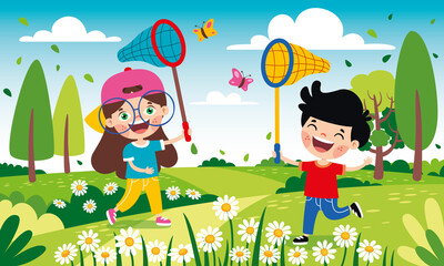 Obraz na płótnie Canvas Spring Season With Cartoon Children