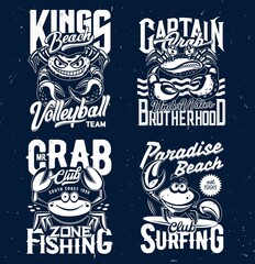 Tshirt prints with crabs, vector mascots for apparel design. Isolated labels with funny crab characters and typography for volleyball sports team, surfing or fishing club t shirt prints or emblems set - obrazy, fototapety, plakaty