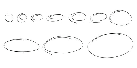 Highlight oval frames set. Hand drawn scribble doodle underscore circle. Ovals and ellipses line template. Stock vector illustration isolated on white background.