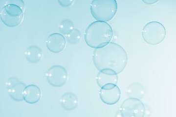 Transparent Blue Soap Bubbles Background. Soap Suds Bubbles Water	
