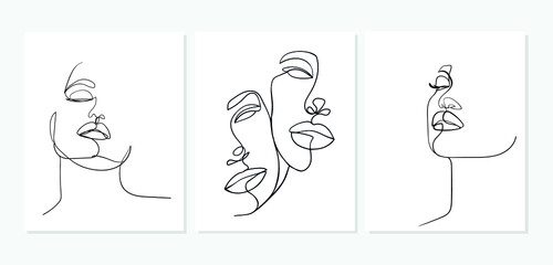 Set of faces. Simple, minimalist vector illustration of beautiful woman face. Line drawing.