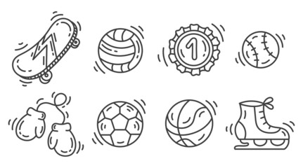 Set of doodle sports illustrations. Sports equipment and awards. Isolated on a white background.
