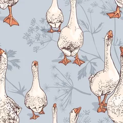 Fotobehang Seamless wallpaper pattern. Gooses group on a herbal background. Textile composition, hand drawn style print. Vector illustration. © Afishka