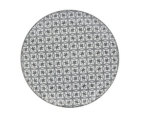 Plate on a white isolated background. View from above. Small flat round plate.