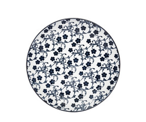 Plate on a white isolated background. View from above. Small flat round plate.