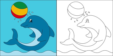 Dolphin jumping playing ball suitable for children's coloring page vector illustration