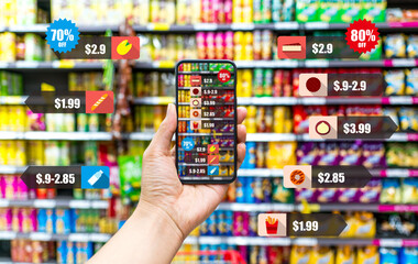 Augmented reality marketing . Hand holding smart phone use AR application to check information