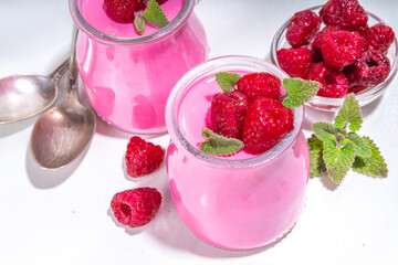 Raspberry panna cotta dessert with fresh raspberries and lemon balm mint leaves. Pink panna cotta in small portion jars on a white background