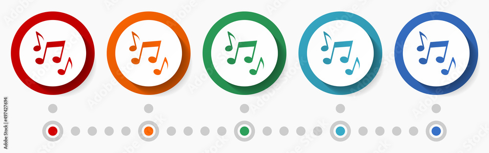 Aufkleber music, concert concept vector icon set, infographic template, flat design colorful web buttons in 5 