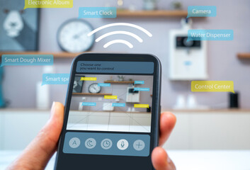 Fototapeta na wymiar Smart home, Control electronic devices using mobile phones, operating system concept of future.