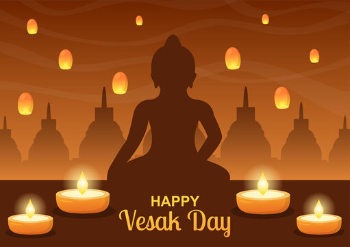Vesak Day Celebration with Temple Silhouette, Lotus Flower Decoration, Lantern or Buddha Person in Flat Cartoon Background Illustration for Greeting Card