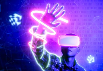 Asian man wearing virtual reality goggles, Future technology concept.