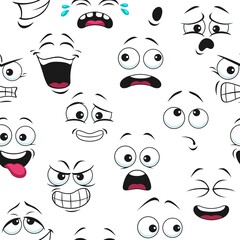 Smile face pattern of seamless funny emoticons and happy emoji, vector background. Smiles cute characters pattern of cartoon kawaii emoticons in laugh or scared, surprise and sad with mouth and tongue