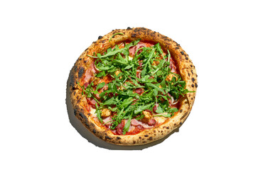 Pizza with salami, sausage and arugula isolated on a white background