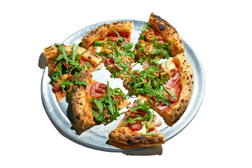 Sliced Pizza with salami, sausage and arugula isolated on a white background