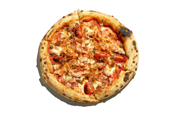 Pizza with tomatoes, chicken and white sauce isolated on white background