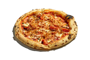 Pizza with tomatoes, chicken and white sauce isolated on white background