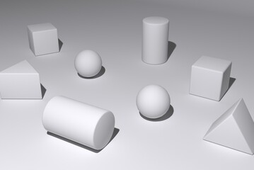 Abstract monochrome background image of sphere, triangular, square, and cylindrical blocks on the floor.3d rendering images.