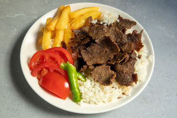 Meat doner menu, iskender menu on plate, turkish special meat doner, food, special menu (Turkish name; pilav üstü et doner)