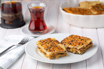 Traditional delicious Turkish cuisine, Turkish food; handmade mince pie, Turkish name; Kayseri Tandir boregi, Tandir boregi