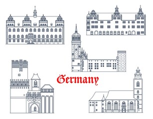 Obraz premium Germany buildings of Lutherstadt Wittenberg, Torgau and Tangermunde, vector architecture. German landmarks of St Mary Church or Marienkirche, Schlosskirche or castle church and Neustadter Tor gates
