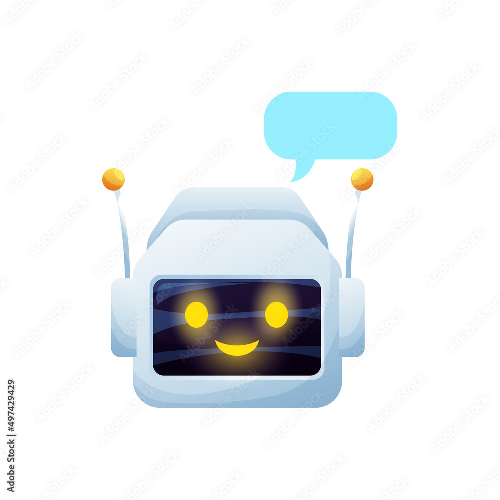 Poster robot chat bot virtual online support operator isolated cartoon character with antennas. vector voic
