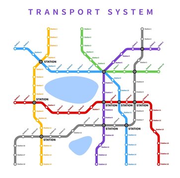 City subway, metro or underground vector map. Urban railway station lines transport system, color coded scheme or transit map of train tube routes, subway tunnels network and station location