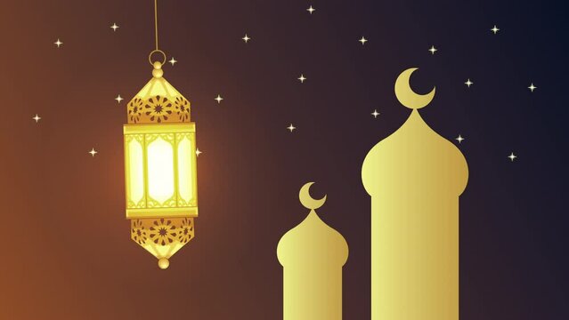 eid mubarak animation with mosque and lantern