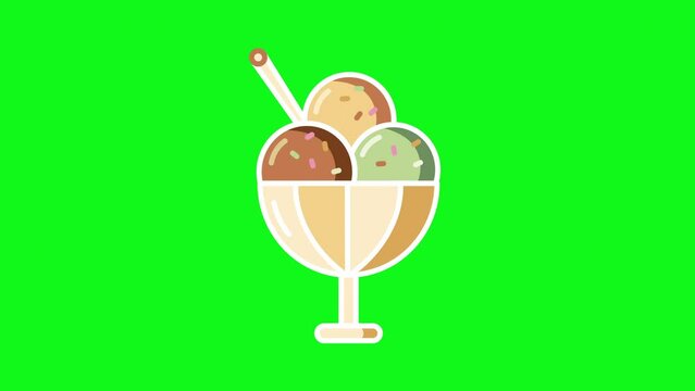 4k video of cartoon three balls of ice cream on green background.