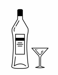 Bottle and glass martini in hand drawn style. Restaurant illustration for celebration design. Retro sketch. Line art. Design element. Beverage outline icon. Isolated on white background