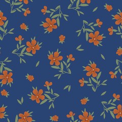 Seamless vintage pattern. Terracotta flowers, green leaves. blue background. vector texture. fashionable print for textiles, wallpaper and packaging.
