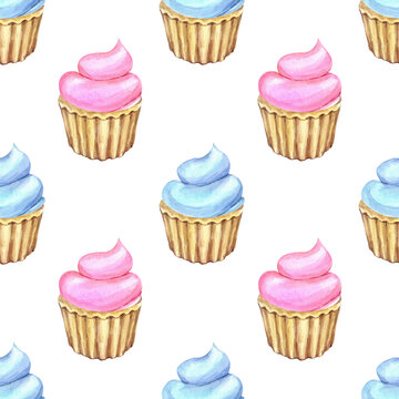 Watercolor seamless pattern of cup cakes with pink and blue cream. Isolated desserts illustrations on white background.  Hand drawn  painting.