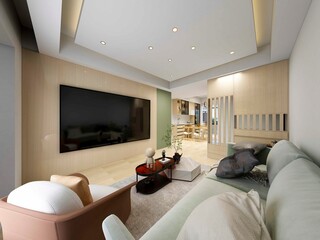 3D rendering, simple modern living room sofa with coffee table, with green plants on the table