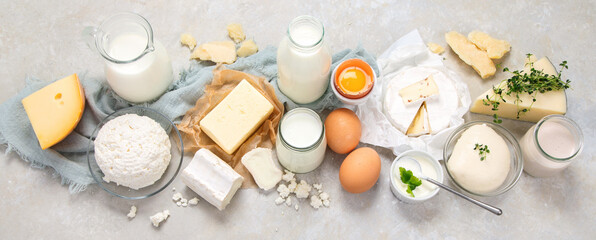 Fresh diary products on light background.