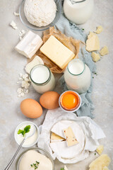 Fresh diary products on light background.