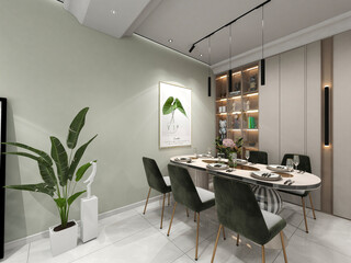 3D rendering, spacious dining room design next to the modern kitchen, with a beautiful dining table and greenery